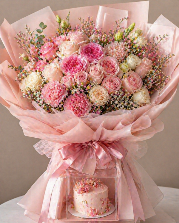 Luxury  Mixed Flower Bouquet with Cake 🌸🎂✨