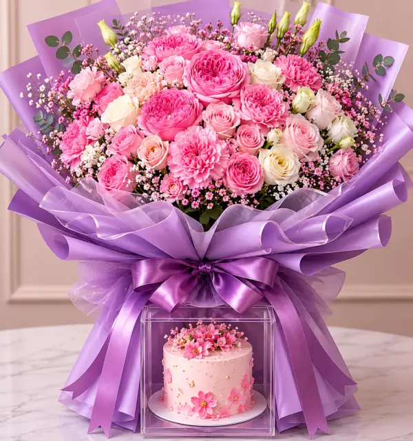 Blushing Bloom Cake & Bouquet Set 🌹🍫