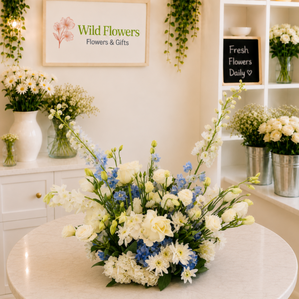 Corporate Floral Centerpiece with blue and white flowers in Dubai Corporate Floral Centerpiece with blue and white flowers in Dubai
