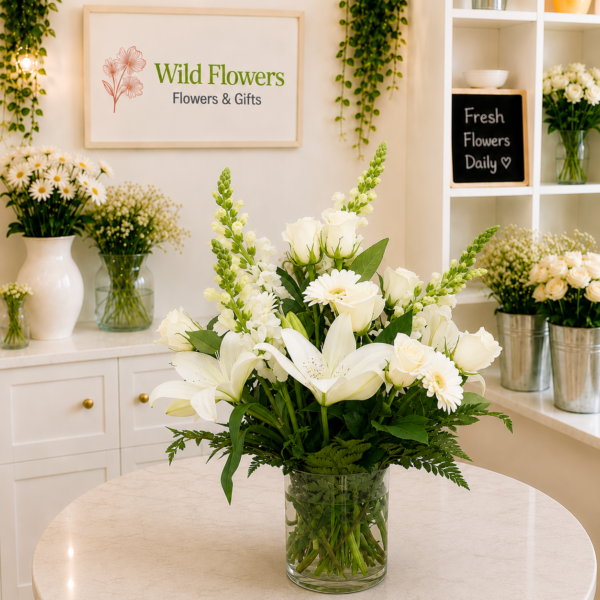 White Lily Centerpiece with fresh lilies and greenery in Dubai White Lily Centerpiece with fresh lilies and greenery in Dubai