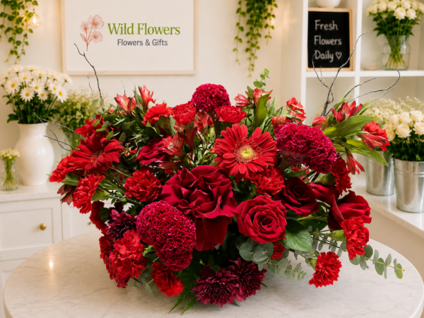Red Floral Centerpiece with red roses and mixed flowers in Dubai Red Floral Centerpiece with red roses and mixed flowers in Dubai