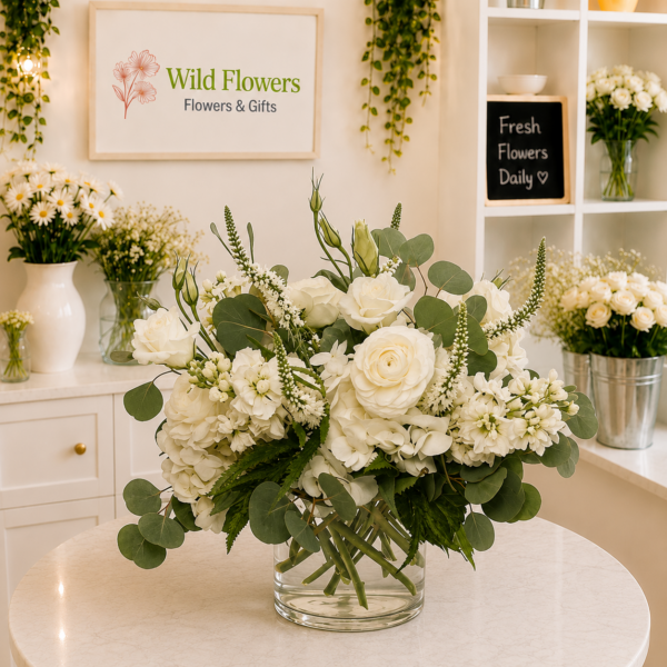 Wild Petal Centerpiece with white flowers and greenery in Dubai Wild Petal Centerpiece with white flowers and greenery in Dubai