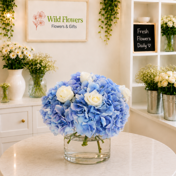 Blue Hydrangea Centerpiece with white roses in Dubai