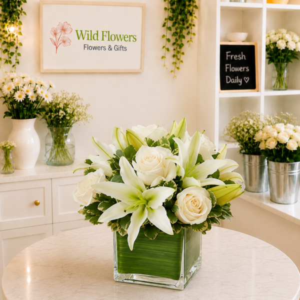 Lily Square Centerpiece with white lilies and roses in Dubai