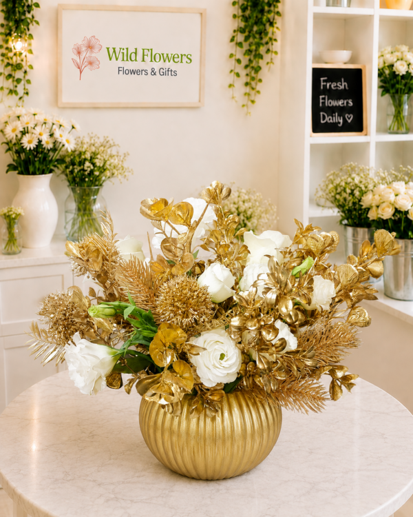 Artificial Golden Centerpiece with white flowers and gold accents in Dubai Artificial Golden Centerpiece with white flowers and gold accents in Dubai