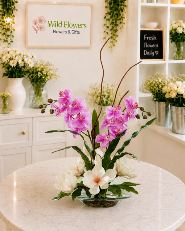 Pink Orchid Centerpiece with orchid flowers and greenery in Dubai Pink Orchid Centerpiece with orchid flowers and greenery in Dubai