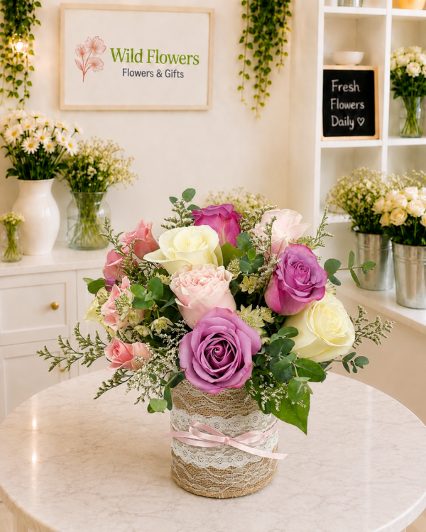 Signature Rose Centerpiece with pink purple cream and white roses in Dubai Signature Rose Centerpiece with pink purple cream and white roses in Dubai