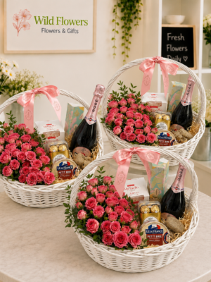 Basket Package ( Flowers + Letter + Ferrero Rocher + Wine + Snacks )