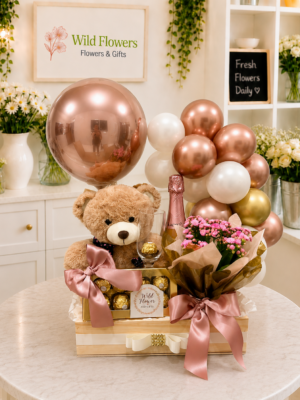Pink Romance ( Flowers + Balloons + Letter + Ferrero Rocher + Stuff toy + Wine)