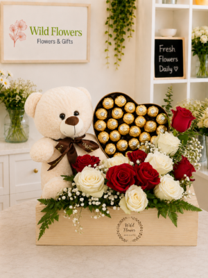 Box Package ( Box + Flowers + Letter + Ferrero Rocher + Stuff toy )