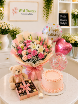 Pink Package ( Flowers + Balloons + Cake +Letter + Ferrero Rocher + Stuff toy )