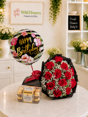 Red Package ( Flowers + Ferrero Rocher + Balloon )