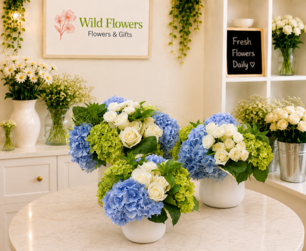 Royal Hydrangea Centerpiece with blue hydrangeas and white roses in Dubai Royal Hydrangea Centerpiece with blue hydrangeas and white roses in Dubai