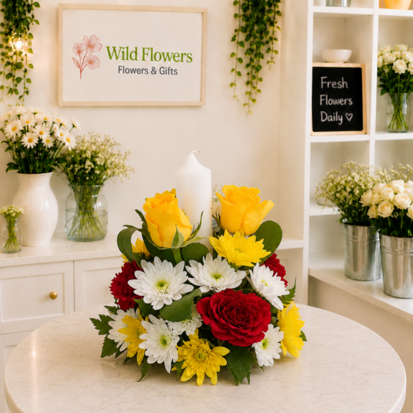 Crown Floral Centerpiece with red yellow and white flowers in Dubai Crown Floral Centerpiece with red yellow and white flowers in Dubai