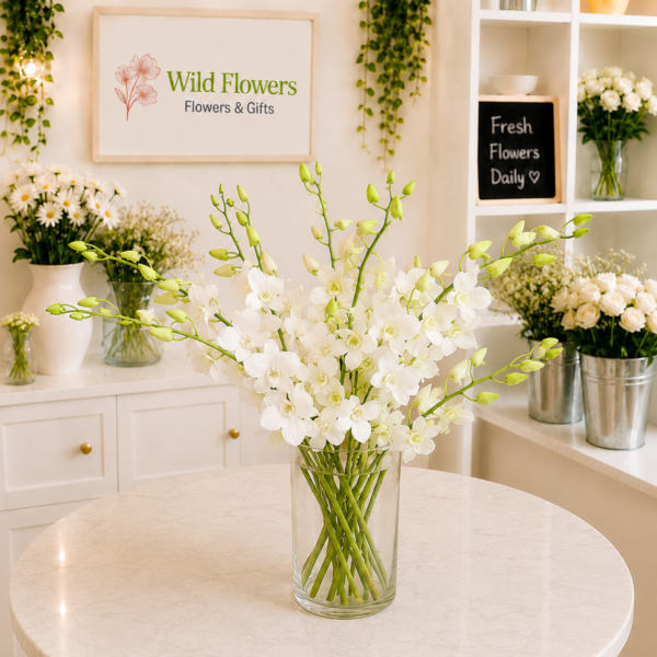 White Orchid Centerpiece with white orchid flowers in Dubai White Orchid Centerpiece with white orchid flowers in Dubai