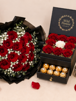Red Roses Package ( Flowers + Box of Flowers + Ferrero Rocher )