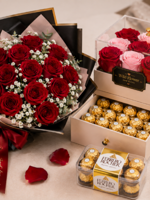 Sweet Package ( Flowers Bouquet + Box of Flowers + Ferrero Rocher box )