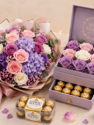 Purple Package ( Flowers + Letter + Ferrero Rocher + Flower Box)