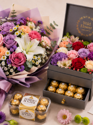 Purple Package ( Flowers +Letter + Ferrero Rocher + Box of Chocolates )