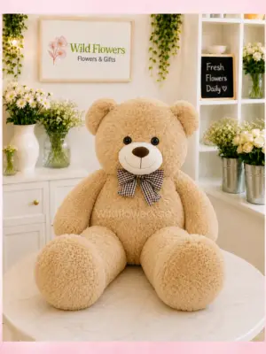 Caramel Plaid Teddy with grey bow plush gift