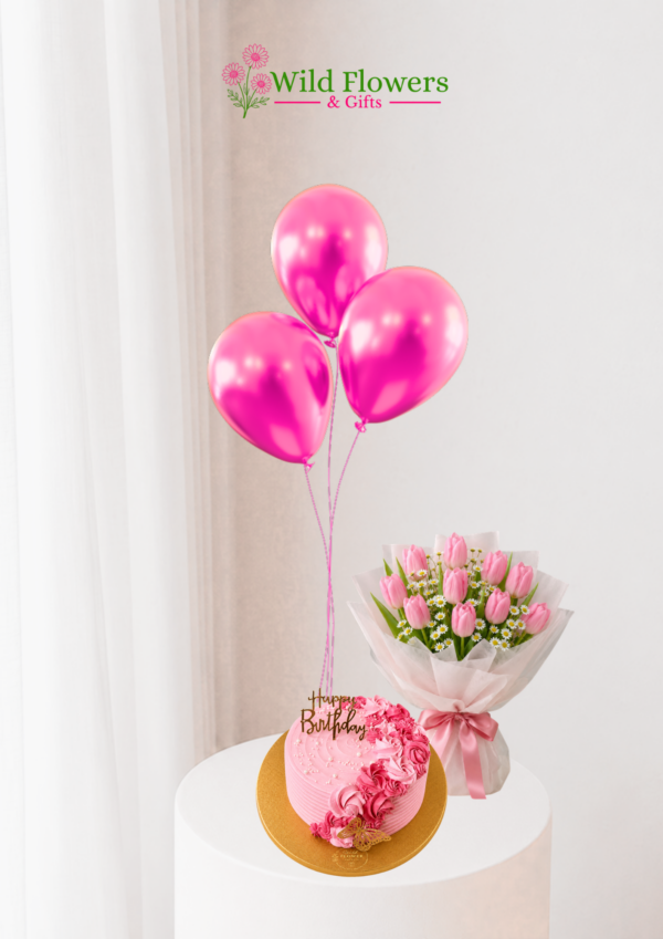 Pink Tulip Gift Set Dubai with Cake and Balloons Pink Tulip Gift Set Dubai with Cake and Balloons