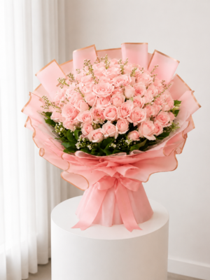 Blush Rose Bouquet Dubai with fresh pink roses and pink wrapping Blush Rose Bouquet Dubai with fresh pink roses and pink wrapping