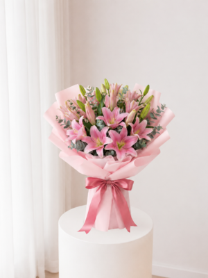 Beautiful Pink Lilies bouquet in soft pink wrapping Beautiful Pink Lilies bouquet in soft pink wrapping