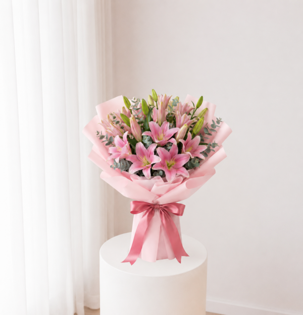 Beautiful Pink Lilies bouquet in soft pink wrapping Beautiful Pink Lilies bouquet in soft pink wrapping
