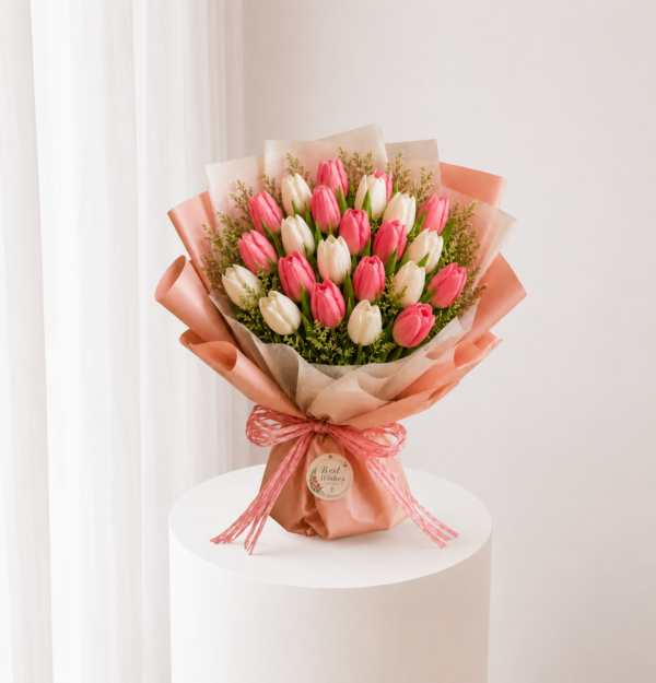 Blush Ivory Tulips with fresh pink and white tulips in elegant blush wrapping Blush Ivory Tulips with fresh pink and white tulips in elegant blush wrapping