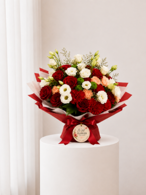 Ruby Blossom Grace red rose white flower bouquet