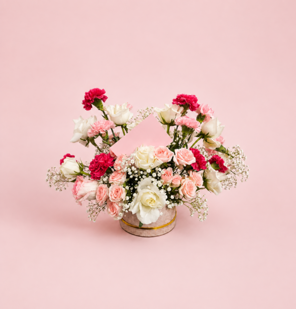 Heart Flower Arrangement with Pink White and Red Flowers Heart Flower Arrangement with Pink White and Red Flowers
