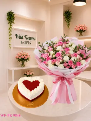 Pink Bouquet Heart Cake with pink white flower bouquet and 500g customized heart-shaped cake Pink Bouquet Heart Cake with pink white flower bouquet and 500g customized heart-shaped cake