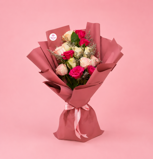 Red Pink Rose Bouquet with Fresh Mixed Roses
