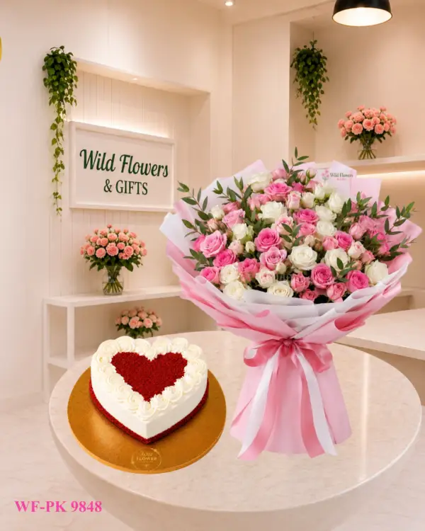 Pink Bouquet Heart Cake with pink white flower bouquet and 500g customized heart-shaped cake