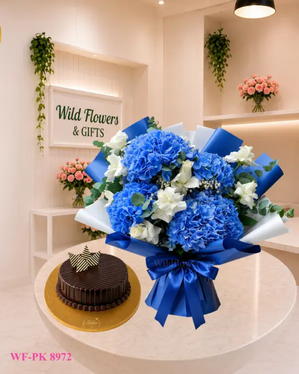 Blue Hydrangea Cake Dubai with 4 hydrangeas 9 roses and 500g customized cake