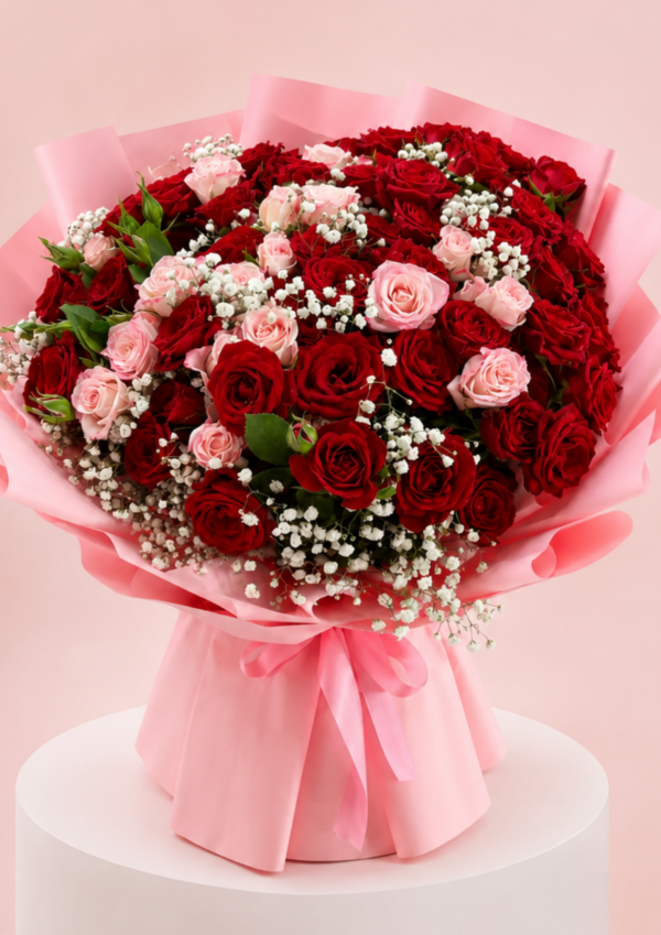 Red Pink Rose Baby's Breath Bouquet