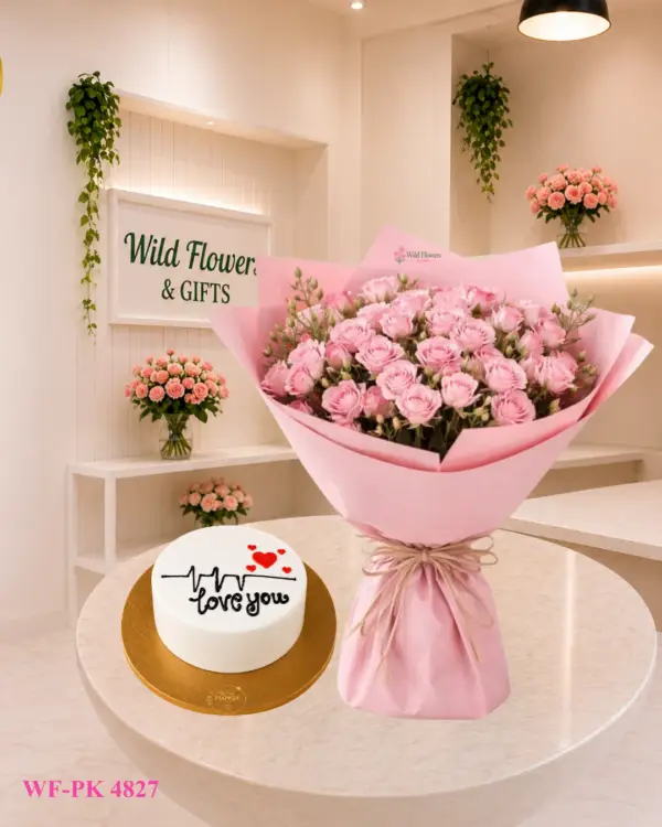 Spray Rose Cake Dubai with 20 pink spray rose stems and 500g customized cake