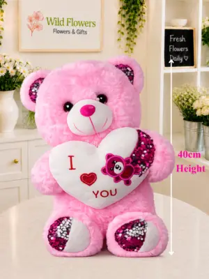 Pink Love Teddy 40cm holding I Love You heart Pink Love Teddy 40cm holding I Love You heart