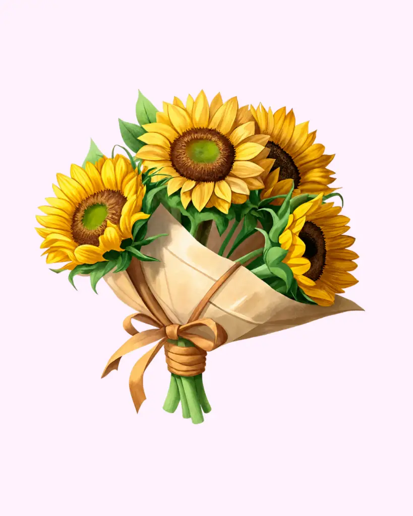 Bright sunflower bouquet wrapped in natural paper