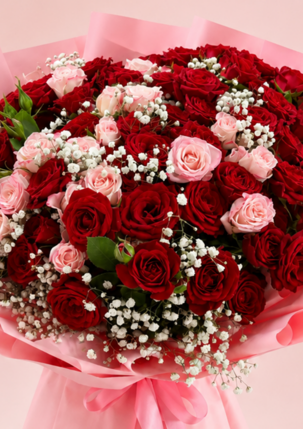 Red Pink Rose Baby's Breath Bouquet