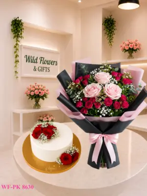 Mixed Rose Cake Dubai with 4 spray rose stems 3 roses and 500g customized cake Mixed Rose Cake Dubai with 4 spray rose stems 3 roses and 500g customized cake