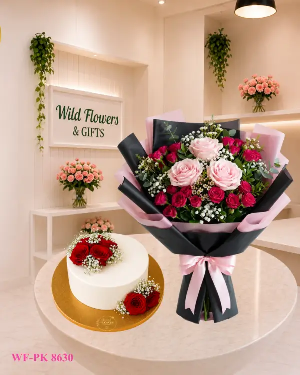 Mixed Rose Cake Dubai with 4 spray rose stems 3 roses and 500g customized cake