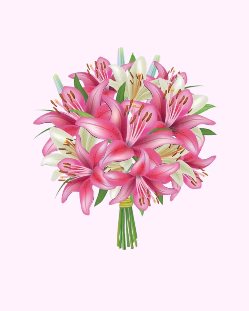 Fresh pink lily bouquet with green foliage