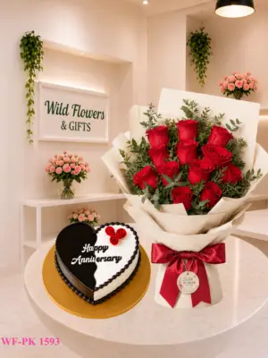 Scarlet Anniversary Duo with red rose bouquet and heart shaped anniversary cake Scarlet Anniversary Duo with red rose bouquet and heart shaped anniversary cake
