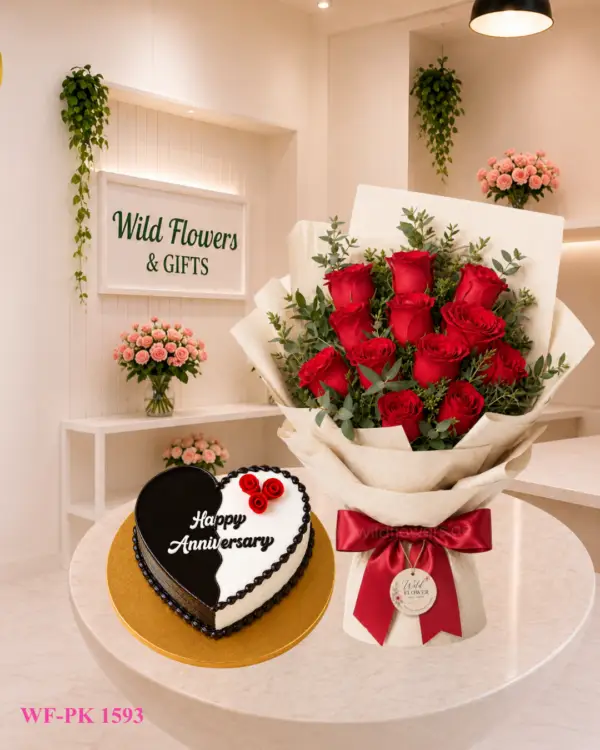 Scarlet Anniversary Duo with red rose bouquet and heart shaped anniversary cake