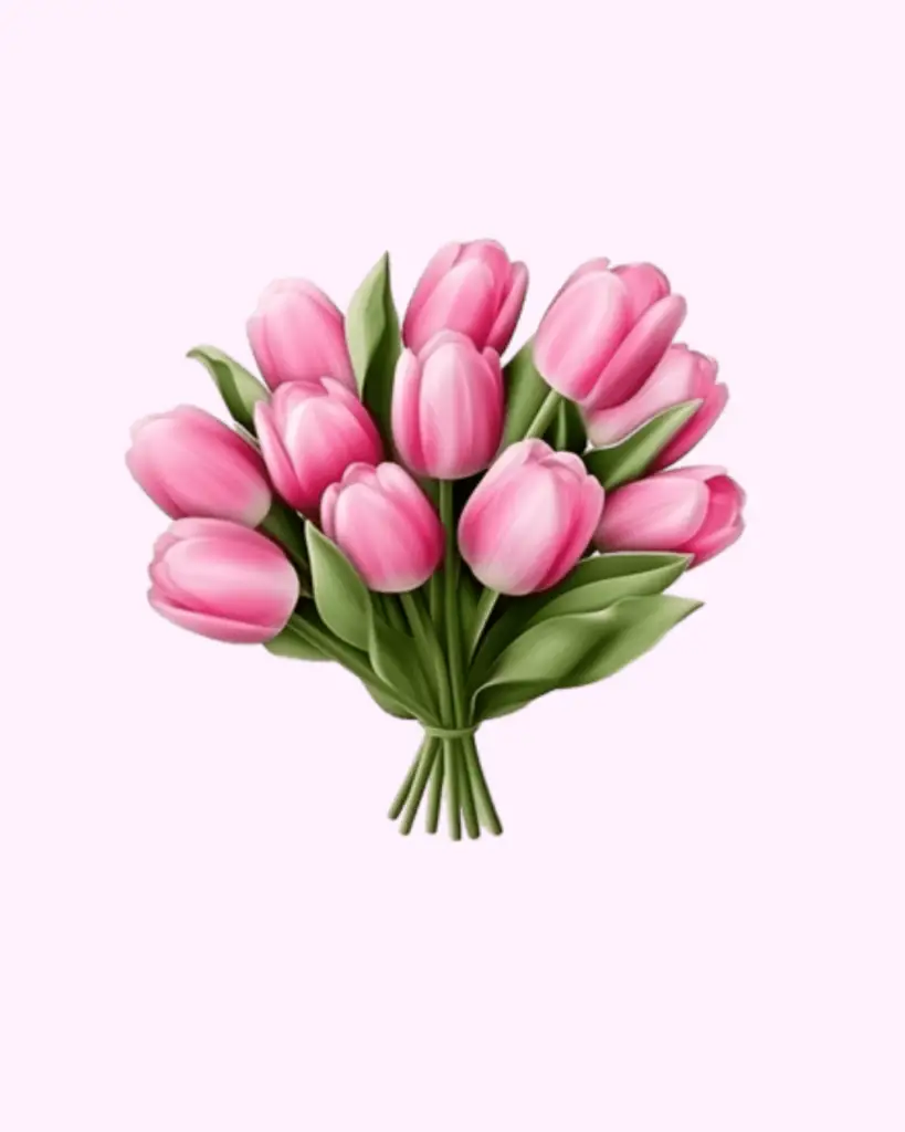 Pink tulip bouquet with fresh green leaves