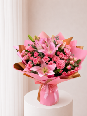Pink Lily Bouquet with pink lilies roses and mixed flowers
