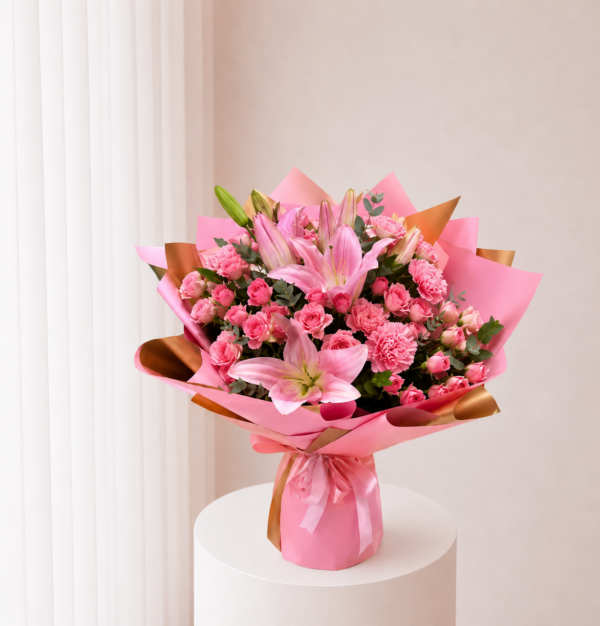Pink Lily Bouquet with pink lilies roses and mixed flowers