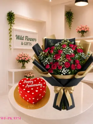 Red Rose Cake Combo with red rose bouquet and 500g customized anniversary cake Red Rose Cake Combo with red rose bouquet and 500g customized anniversary cake