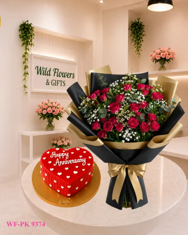 Red Rose Cake Combo with red rose bouquet and 500g customized anniversary cake